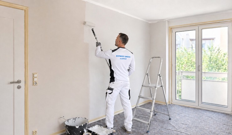 Mitarbeiter von Express Umzug Hildesheim bei professionellen Maler- und Renovierungsarbeiten in einer leergeräumten Wohnung mit abgeklebten Tür- und Fensterrahmen, Leiter und Werkzeugen.