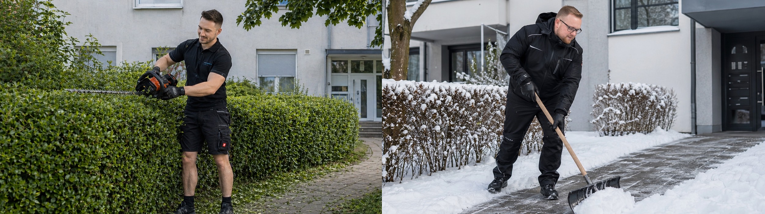 Mitarbeiter von Express Umzug Hildesheim bei Hausmeisterarbeiten und Winterdienst, mit Heckenschnitt im Außenbereich und Schneeräumung auf einem Gehweg vor einem Wohnhaus.