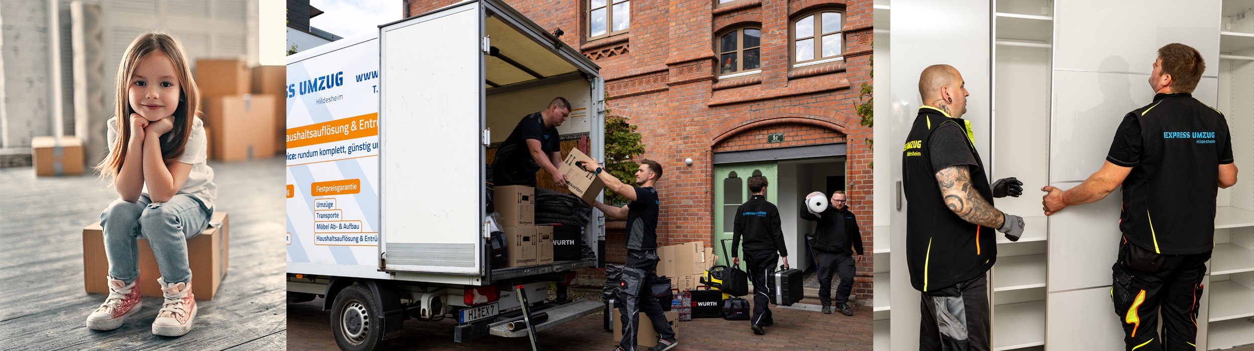 Haushaltsauflösung in Hildesheim: Kind in leerer Wohnung, Umzugsteam beim Ausladen und Fachkräfte beim Abbau von Schränken.