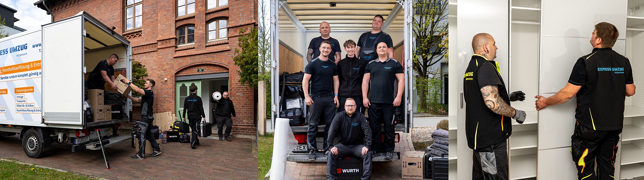 Express Umzug Hildesheim beim Umzugseinsatz: Team belädt Transporter, steht vor dem Umzugswagen und montiert Möbel professionell vor Ort.